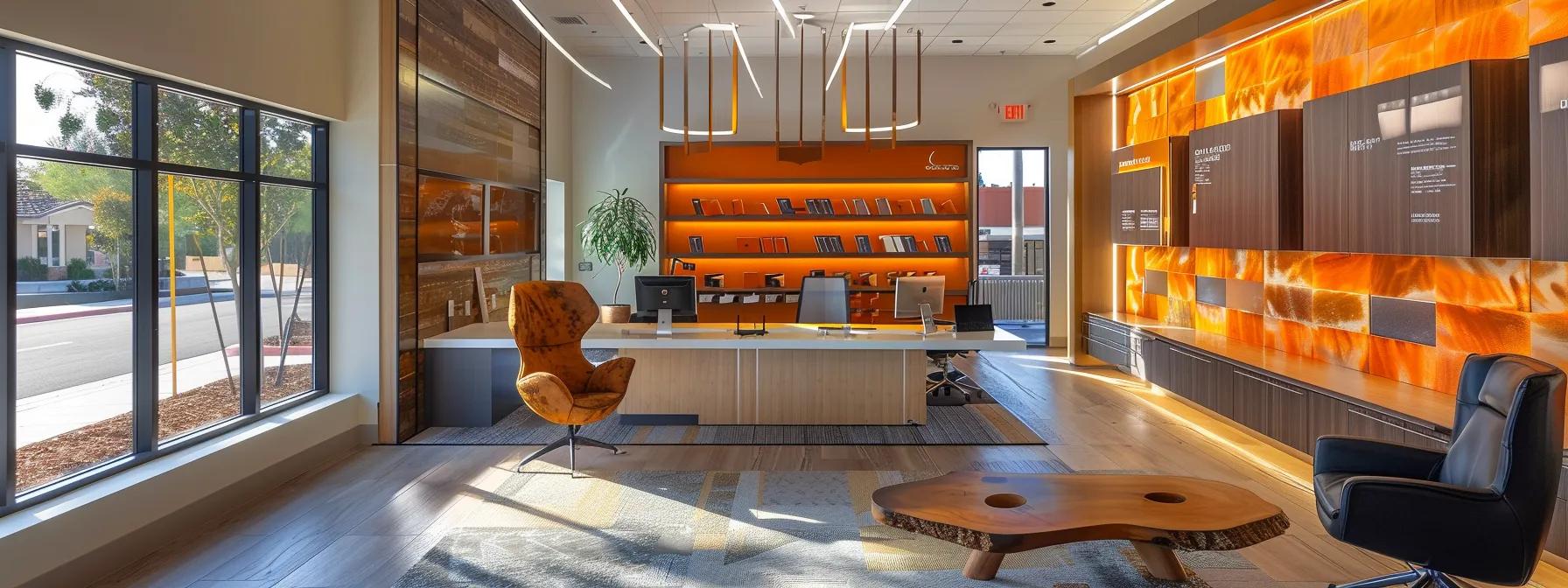 a sleek and modern roofing company office features a vibrant display highlighting the asphalt shingle rejuvenation process, showcasing an eco-friendly presentation board alongside samples of rejuvenated shingles against a backdrop of minimalist decor and warm, inviting lighting.