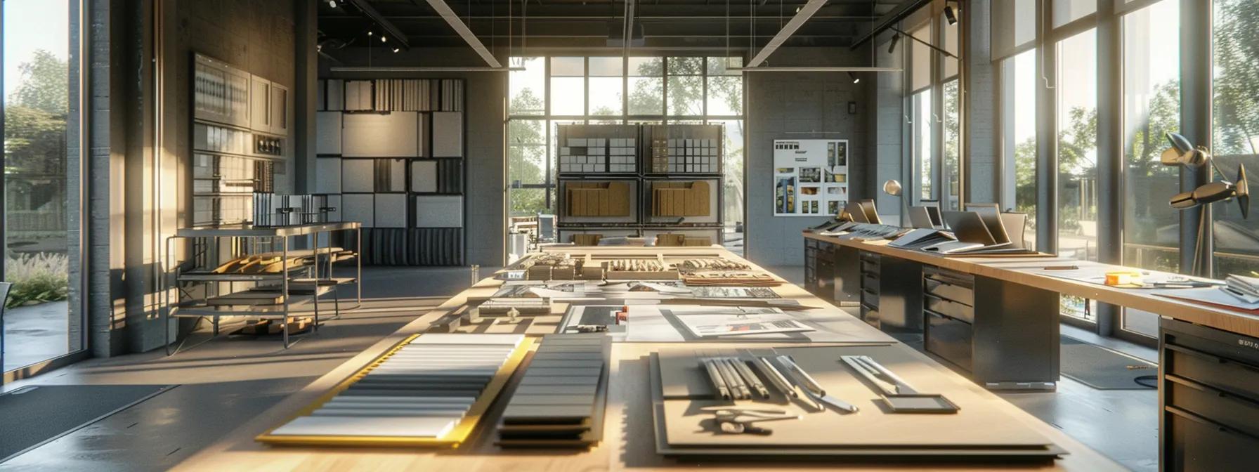 a sleek, modern office with a large table covered in diverse roofing materials, installation tools, and maintenance brochures, illuminated by bright overhead lights, showcasing a professional discussion on roofing installation and maintenance.