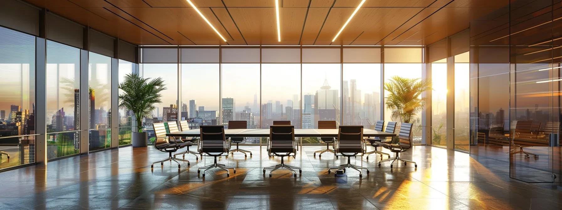 a well-lit modern office space features a sleek conference table surrounded by roofing material samples, showcasing a variety of textures and colors against a backdrop of large windows with urban views, illustrating a professional discussion about roof replacement options.