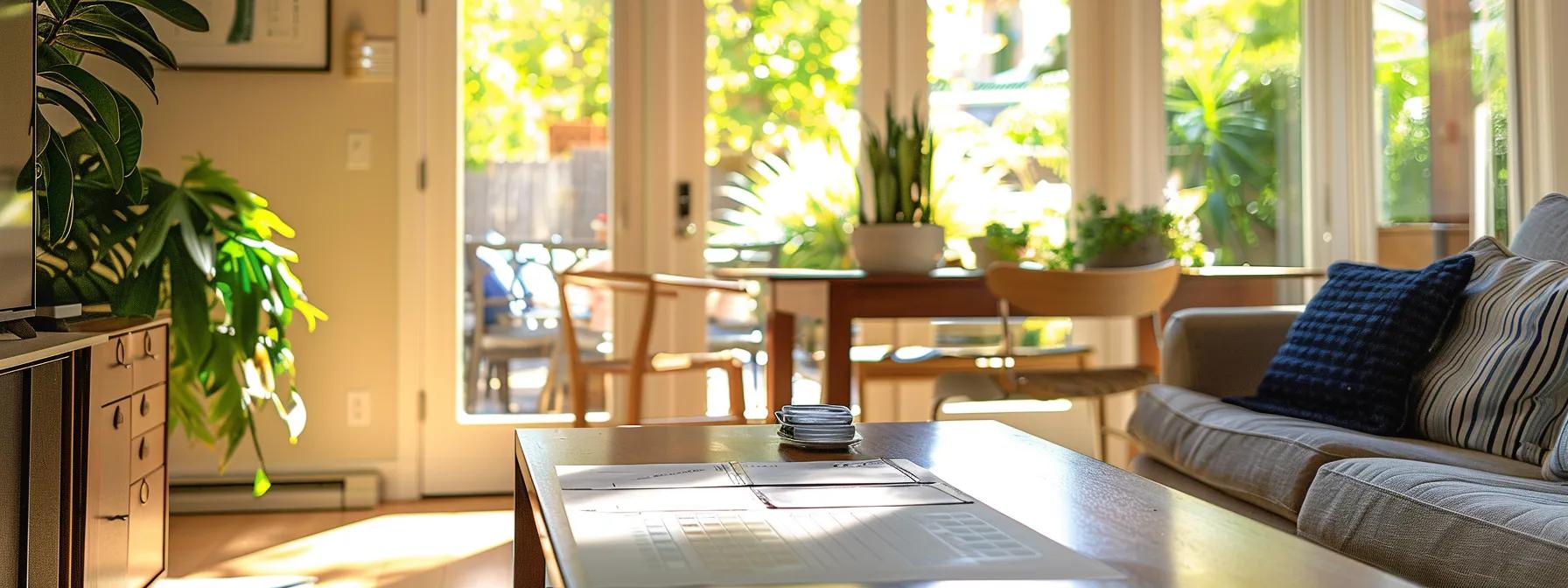 a well-organized home interior showcases a tidy living space, with a checklist prominently displayed on a table, indicating preparation steps for an upcoming roof inspection, while a closed door leads to the outside, symbolizing the focus on creating a hassle-free environment.