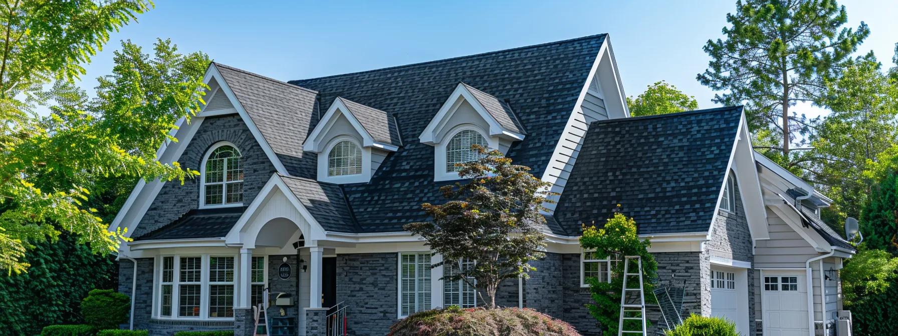 a well-maintained suburban home showcases a pristine, sloped roof glistening under the bright afternoon sun, highlighting its clean lines and architectural details, with a ladder leaning against the side, suggesting recent maintenance efforts.