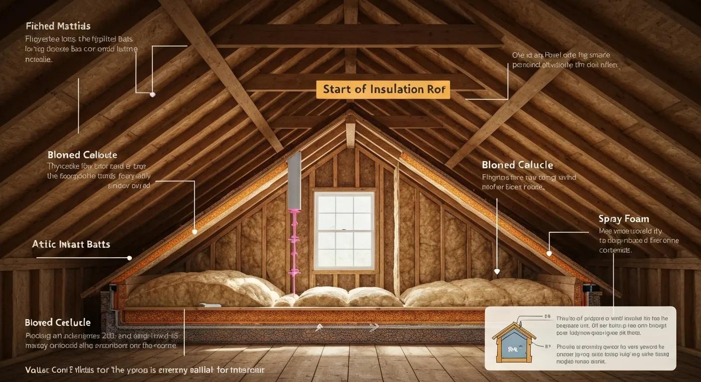 Different types of attic insulation materials displayed in a well-lit attic space