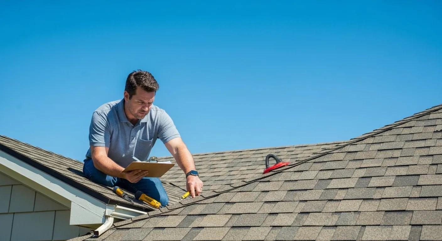 Professional roofing inspector assessing a residential roof in Southeast Michigan