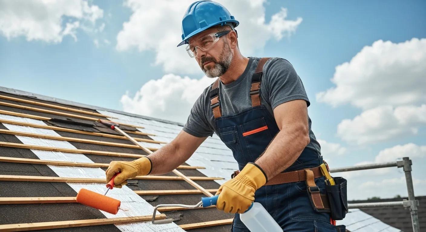 Technician applying reflective coatings on a roof for energy-efficient repairs