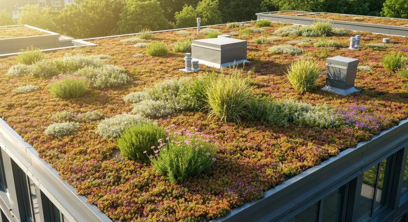 Green roof system with vegetation illustrating environmental benefits and biodiversity