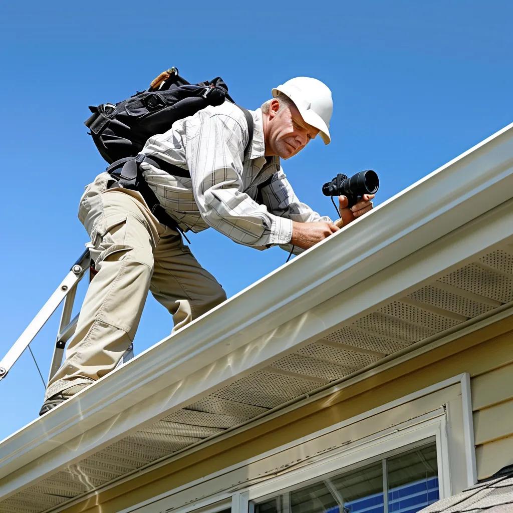 Professional roofing inspector assessing a residential roof for damage and maintenance needs