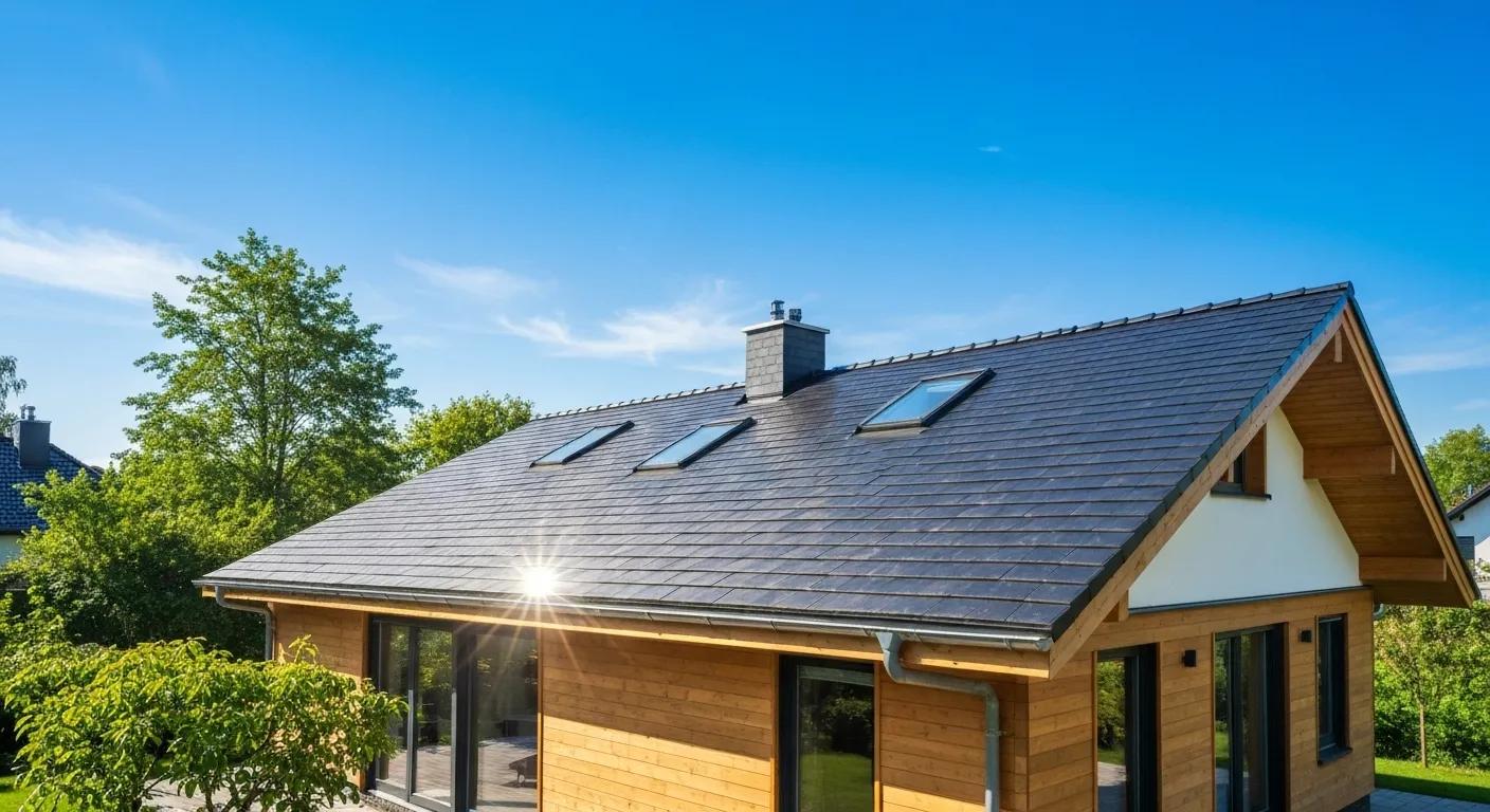 Modern home with energy-efficient roof reflecting sunlight, surrounded by greenery