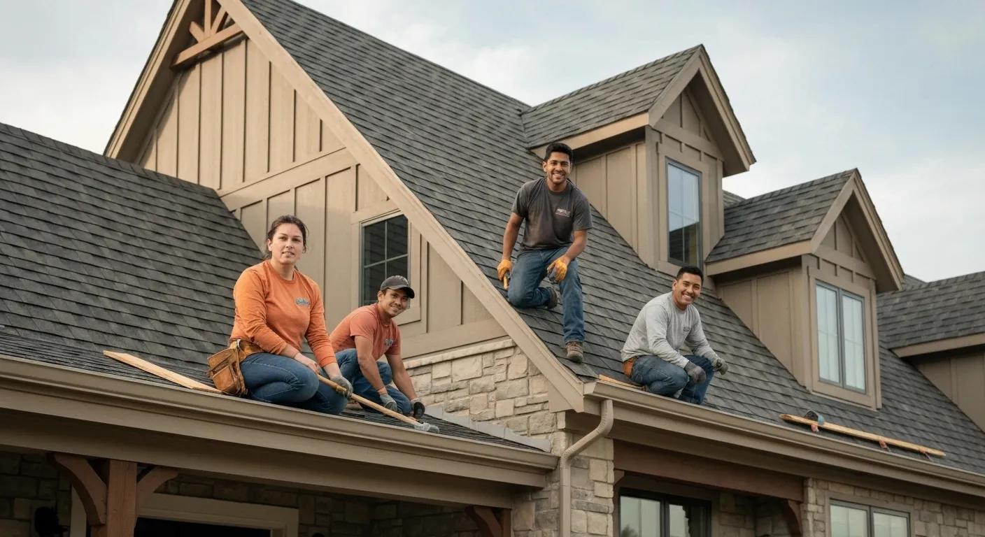 Local roofing team working on a house, showcasing the benefits of local expertise in roof repair