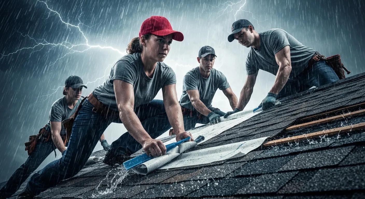 Roofers applying a temporary patch during a rainstorm, emphasizing emergency roof repair services