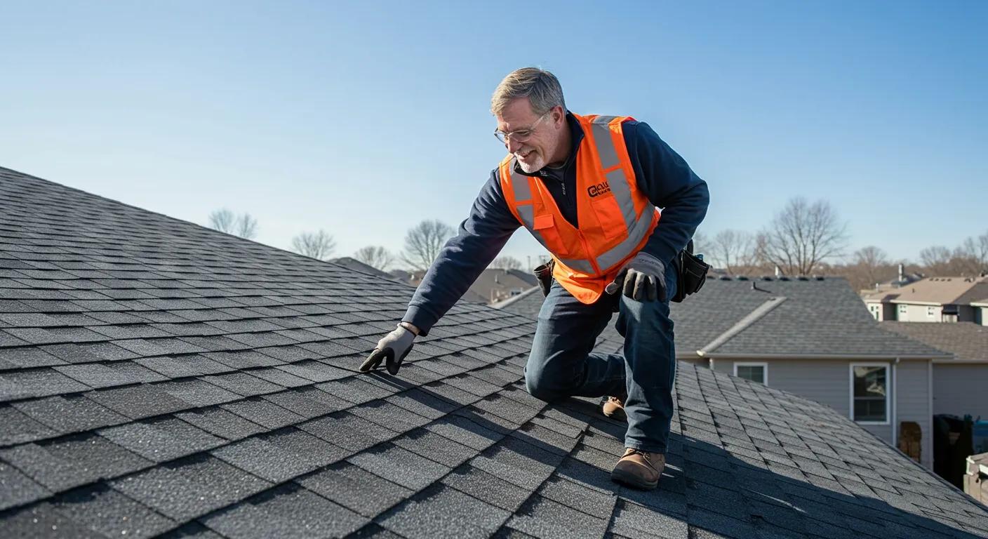 Local roofing expert inspecting a residential roof under a clear blue sky