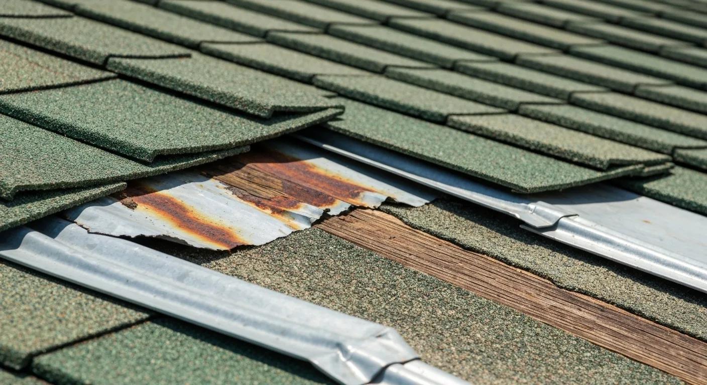 Close-up of roof damage including curling shingles and rusted flashing