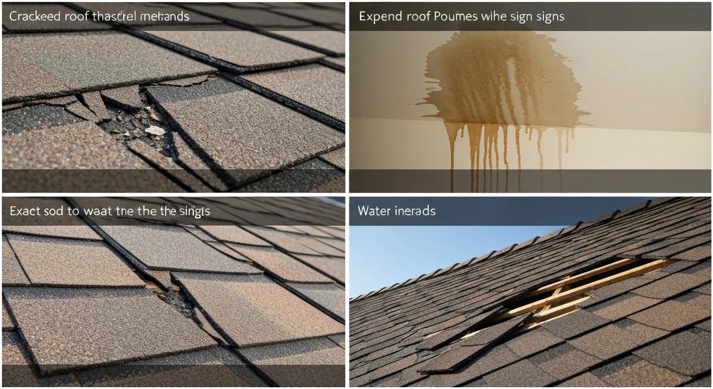 Close-up of cracked shingles and water stains, highlighting common signs of roof damage