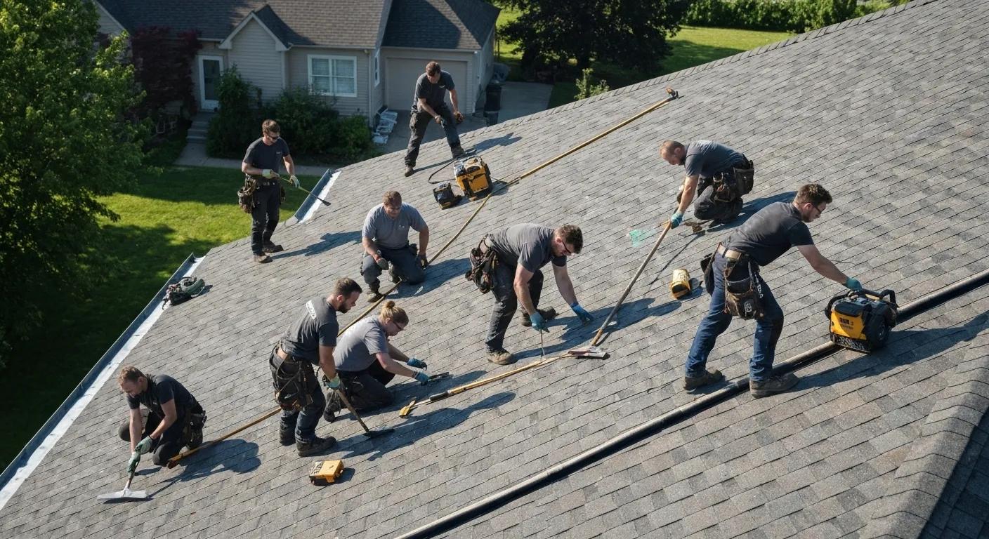 Team of roofers conducting emergency repairs on a residential roof, showcasing available repair services