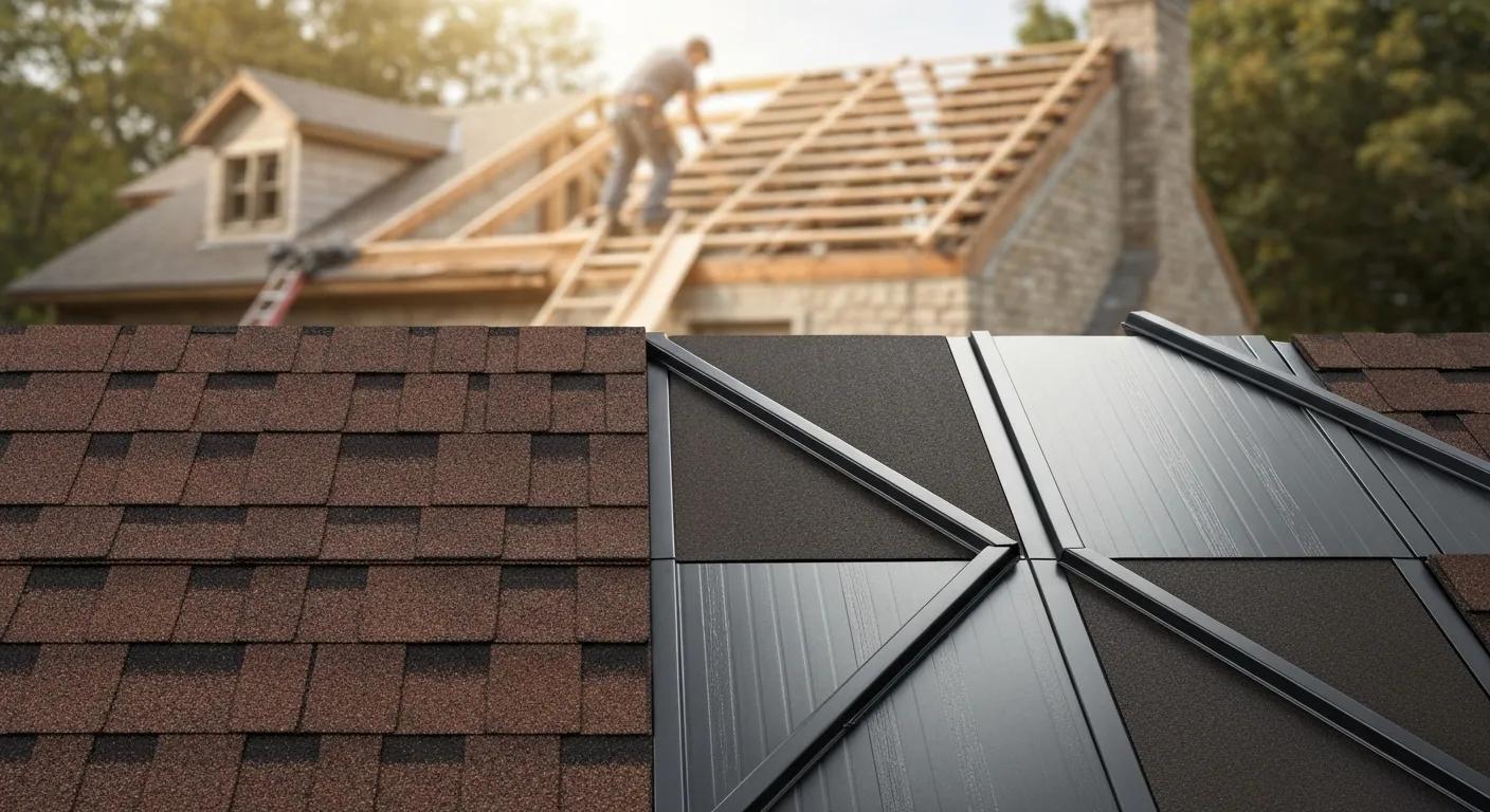 Close-up of roofing materials like asphalt shingles and metal panels, illustrating average roof repair costs