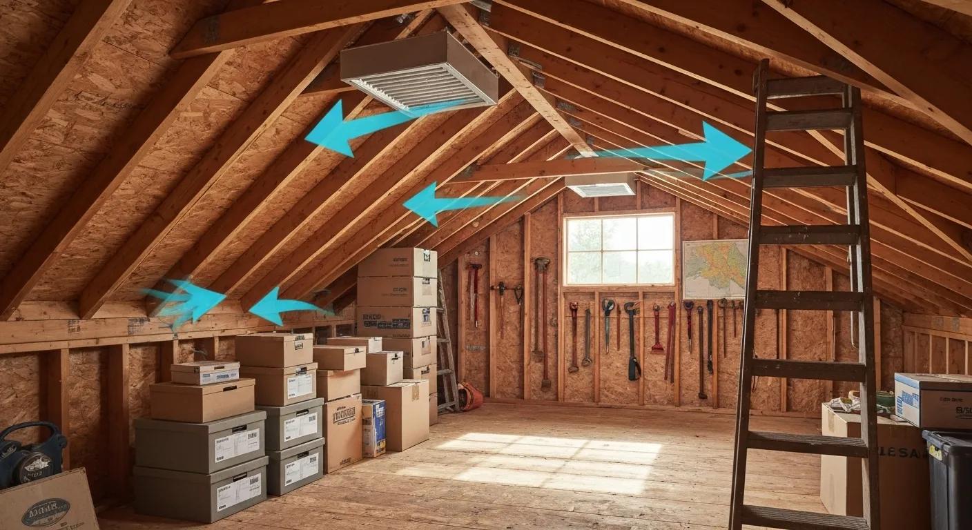 Well-ventilated attic with visible insulation and airflow indicators