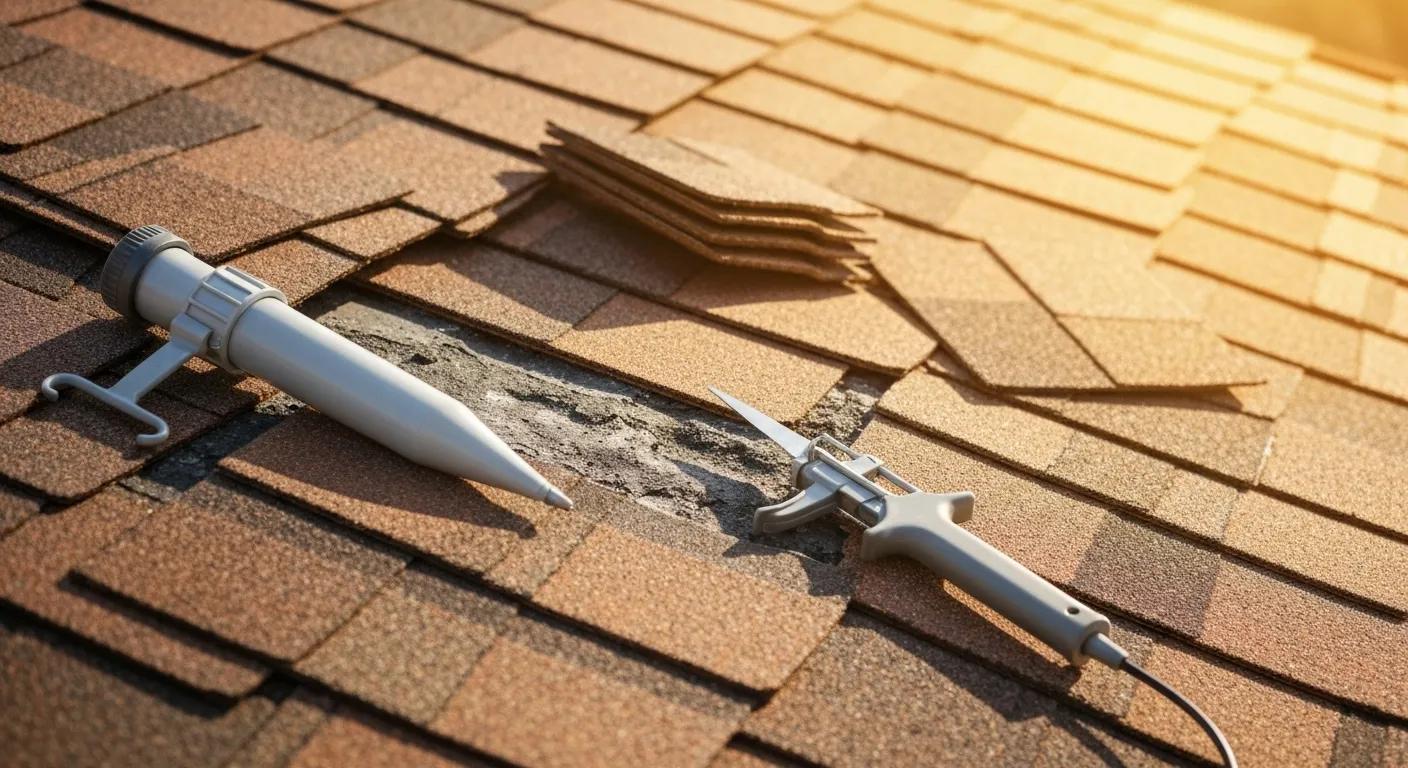 Close-up of a damaged roof section showing missing shingles and flashing gaps, illustrating common roof repair needs