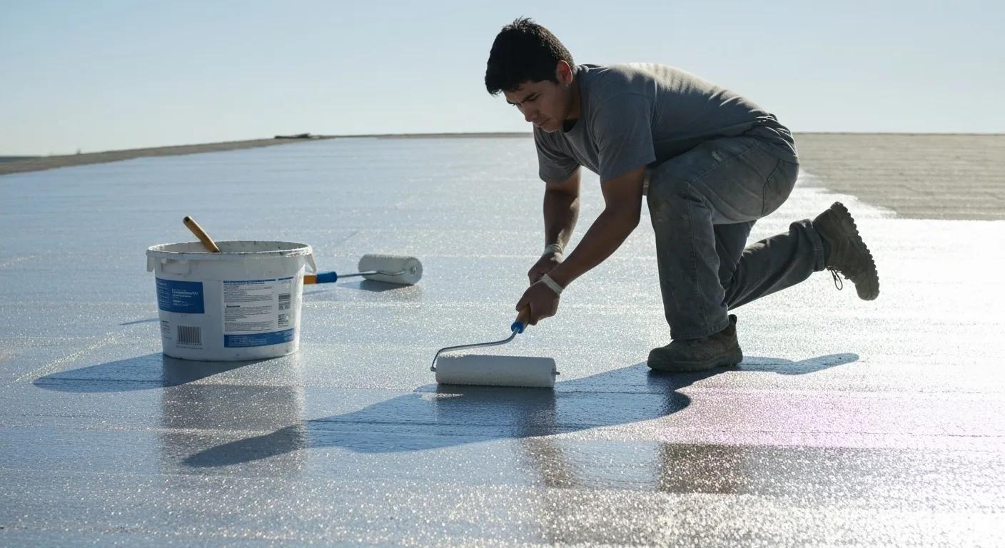 Worker applying cool roof coating on a reflective roof surface under sunlight