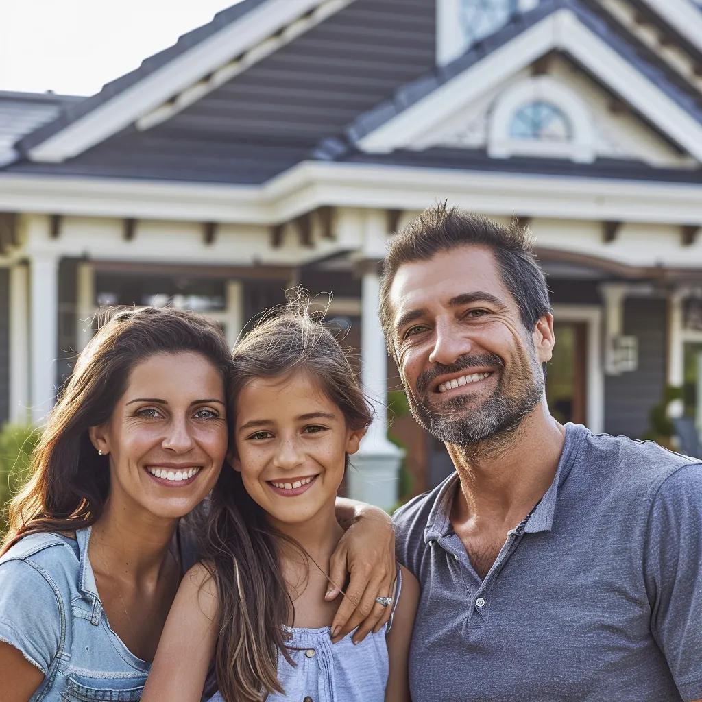 Happy family in front of their home, representing the benefits of regular roof inspections for safety and value