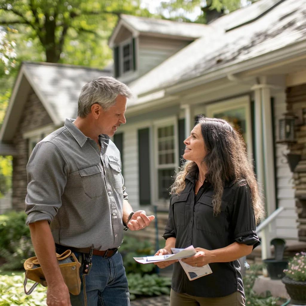 Local roofing contractor advising homeowner on affordable roofing solutions