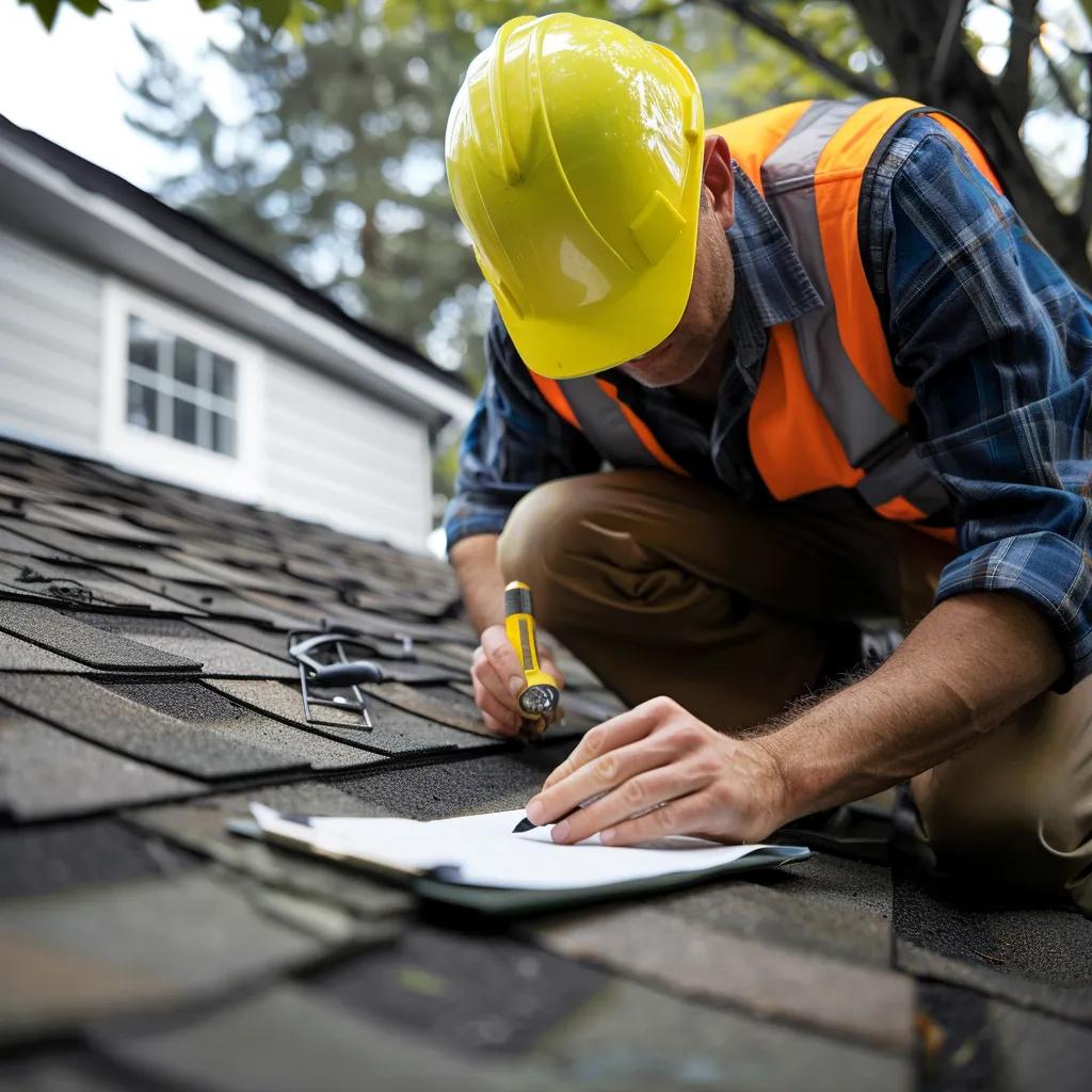 Roofing inspector performing a detailed inspection of shingles and flashing on a residential roof