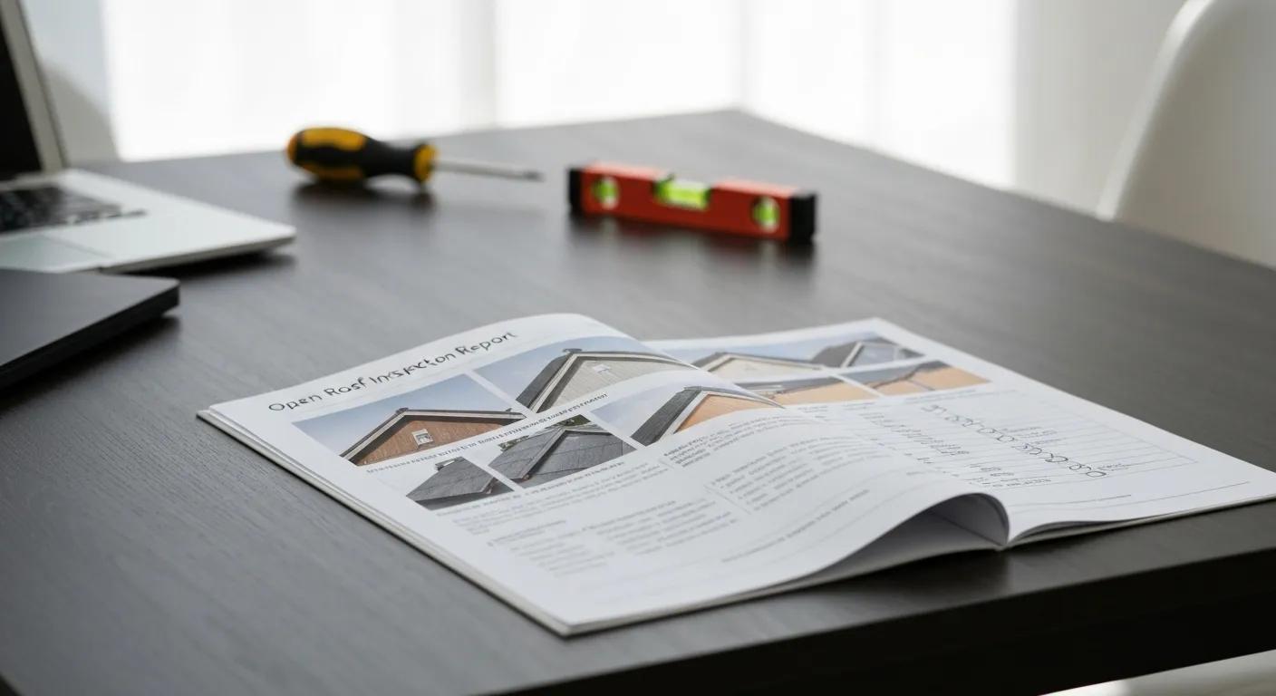 Open roof inspection report with annotated photographs and checklist on a table