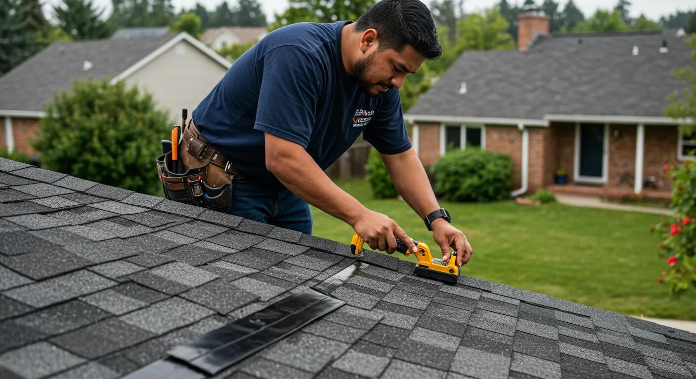 Local roofing contractor inspecting a residential roof, emphasizing community expertise and service