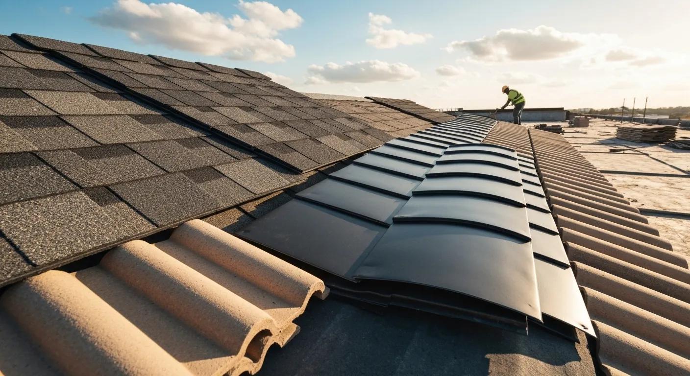 Variety of roofing materials including metal, cool asphalt shingles, and clay tiles displayed in a natural setting