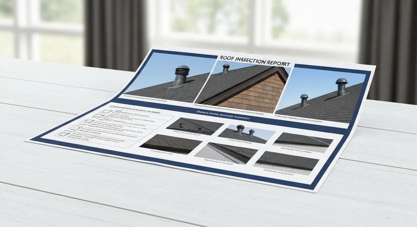 Detailed roof inspection report with images and annotations on a wooden table