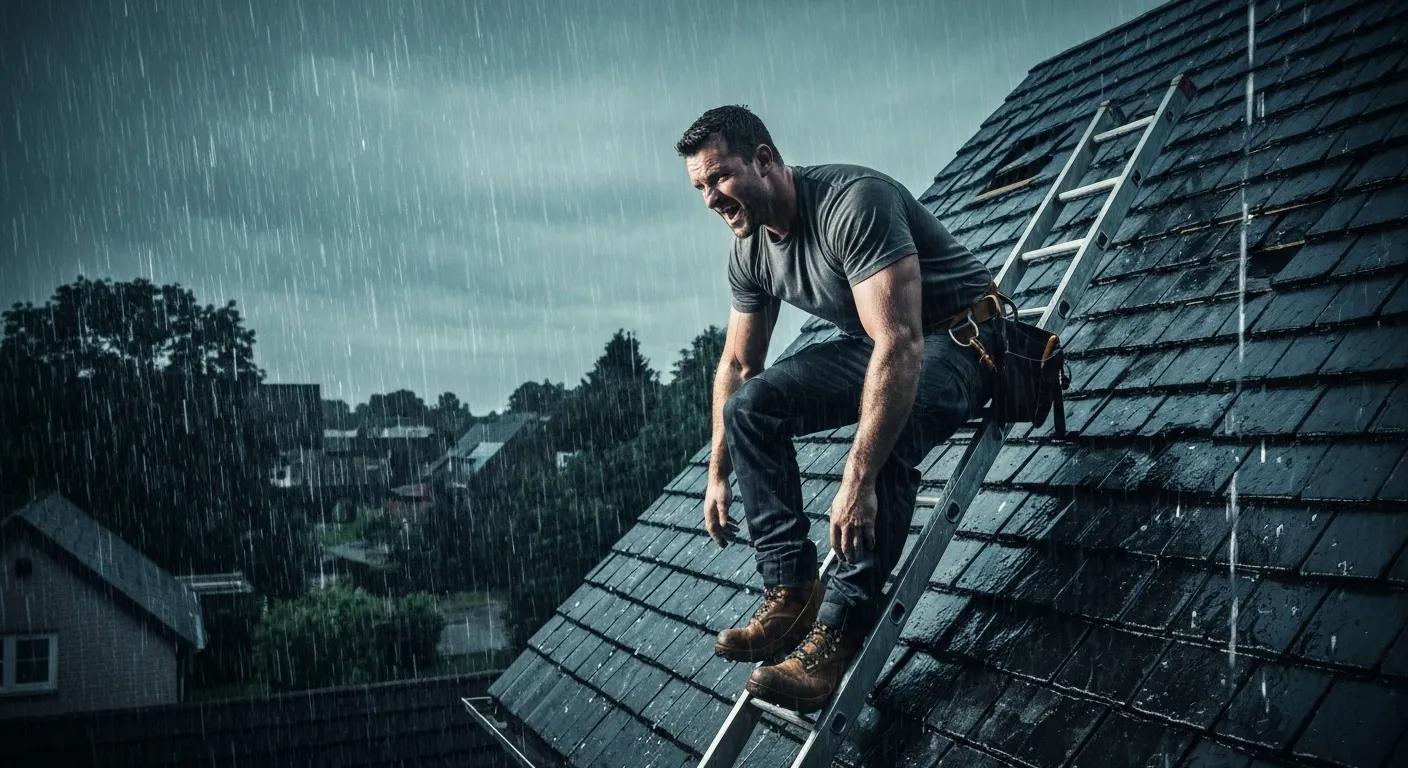 Roofer performing emergency repairs on a roof during a rainstorm, highlighting urgent roof repair needs