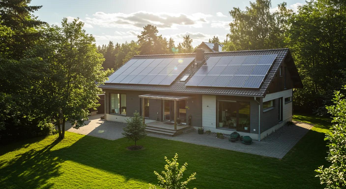 Modern home with energy-efficient roof reflecting sunlight and surrounded by greenery