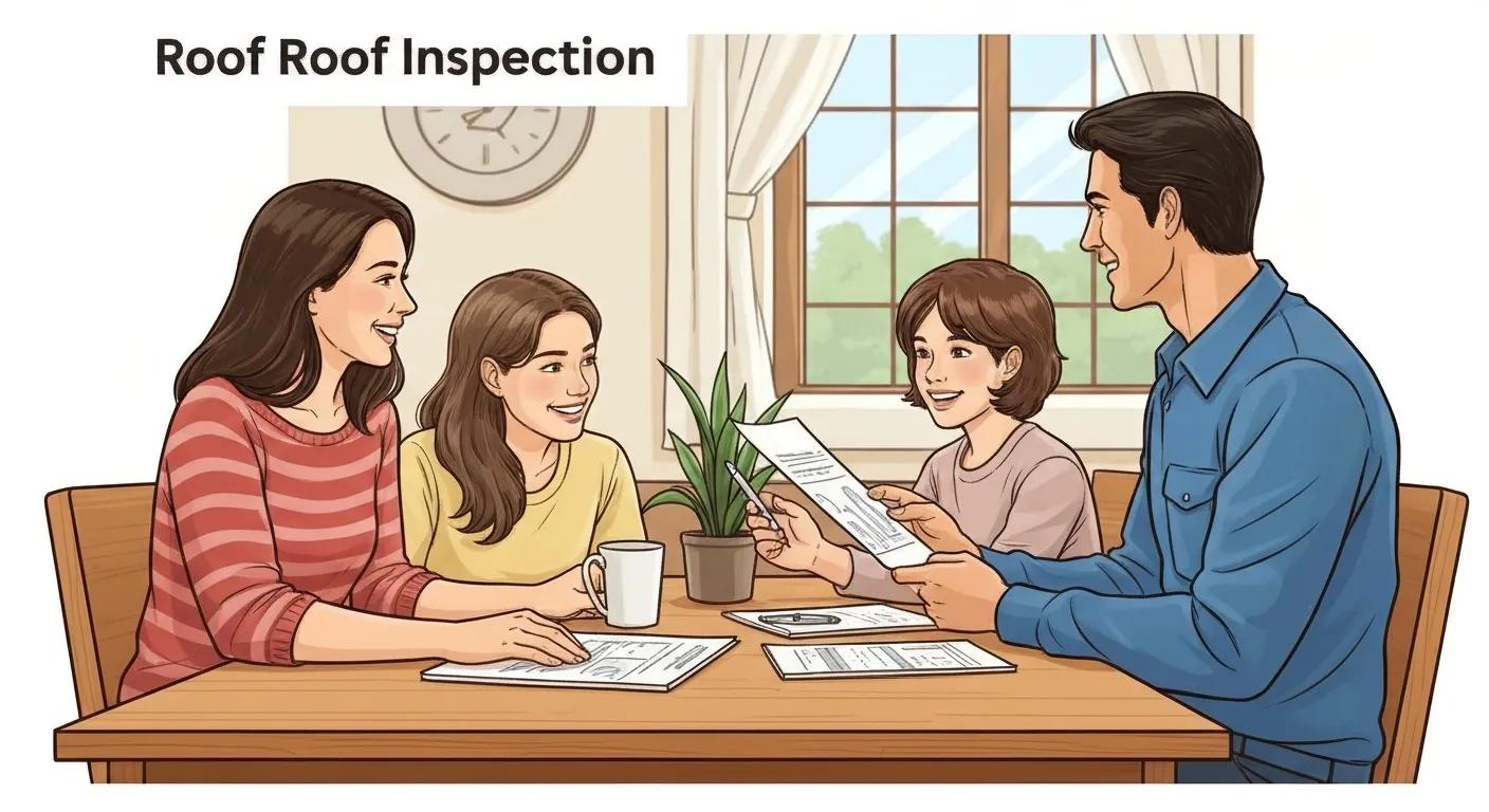 Family discussing roof inspection benefits with a certified inspector in a cozy setting