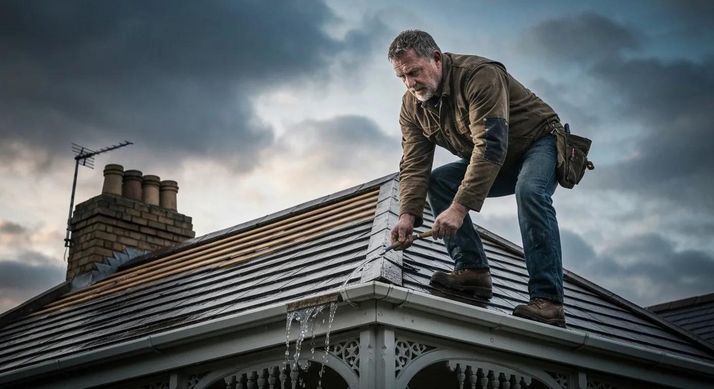 Roofer performing emergency repairs on a roof during a rainstorm, highlighting the need for urgent roof repair services