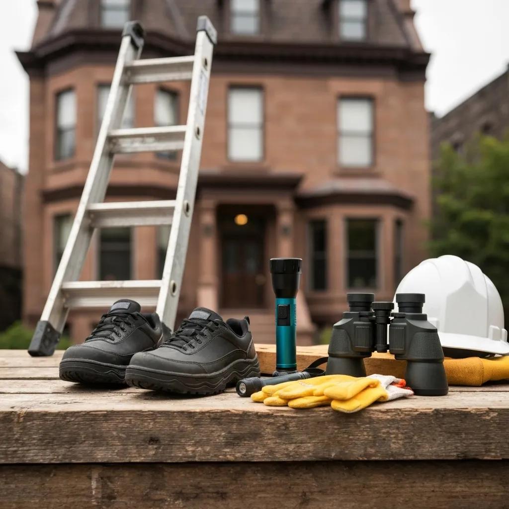 Essential tools for DIY roof inspection including ladder, flashlight, and safety gear