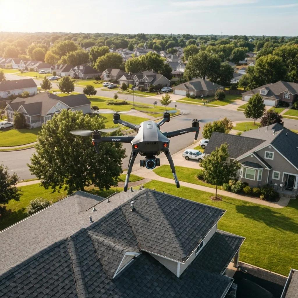 Drone conducting a roof inspection over a residential property