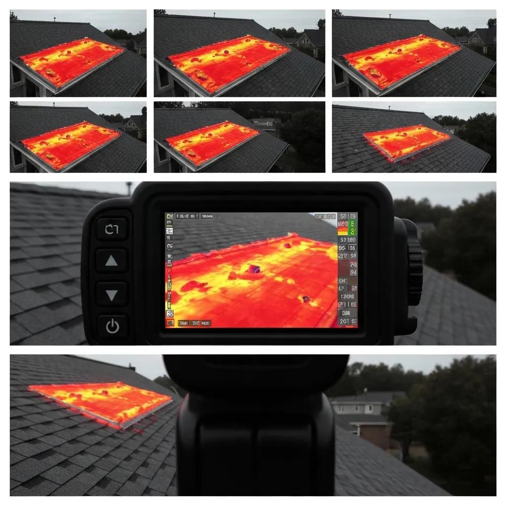 Thermal imaging camera detecting heat loss on a residential roof, highlighting energy inefficiencies