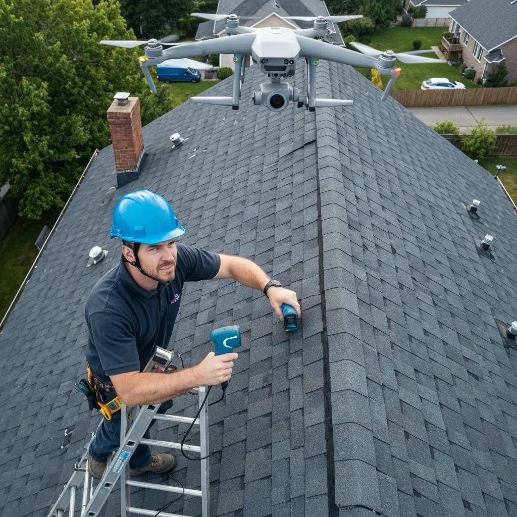 Professional roofing inspector using infrared camera and drone for roof assessment