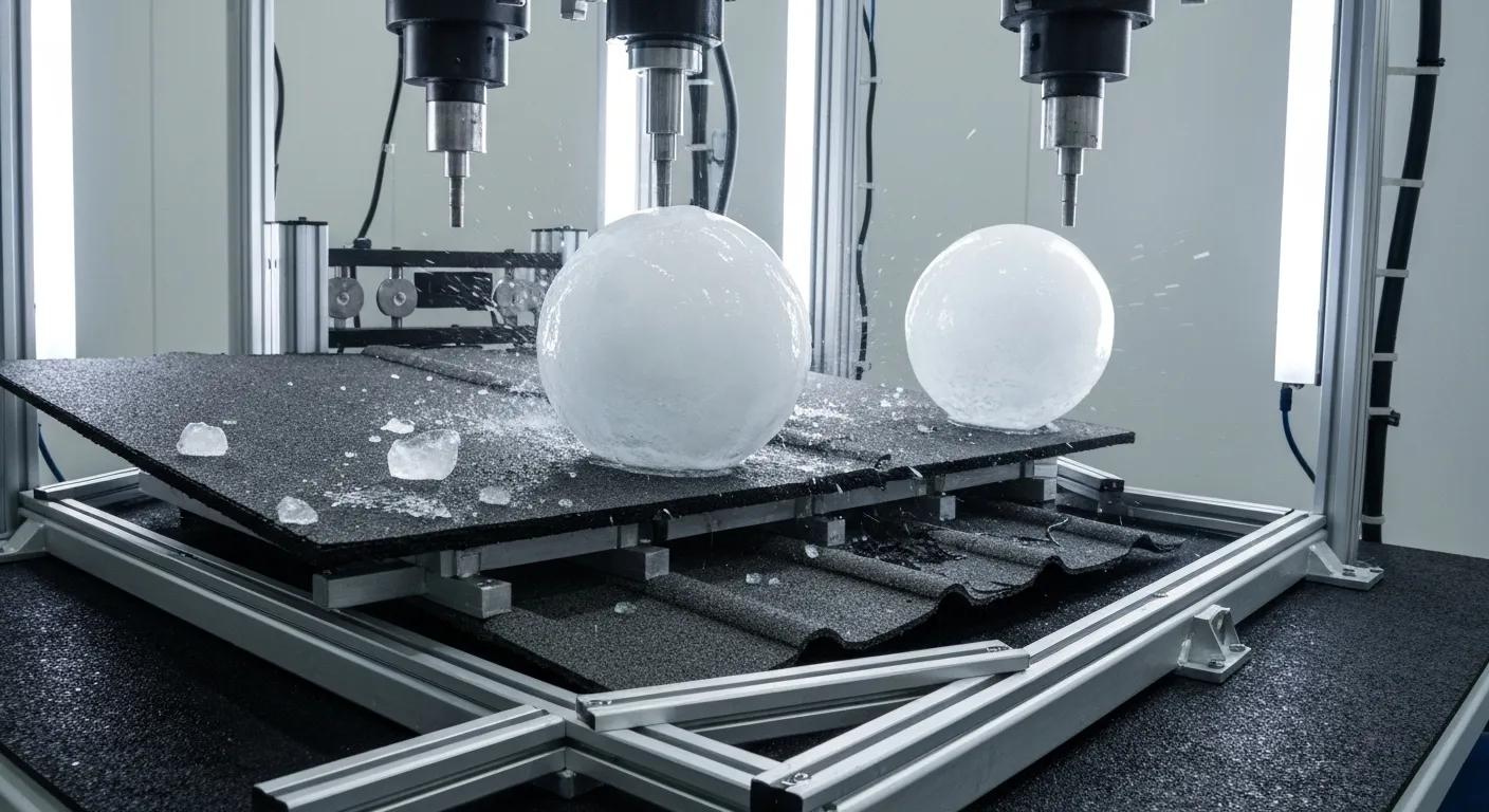 Hail impact resistance testing setup showing ice balls striking roofing material to assess durability