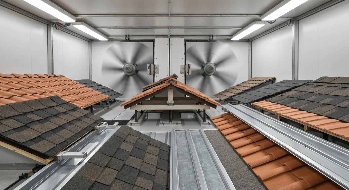 Wind uplift resistance testing chamber demonstrating high wind simulation on roofing materials