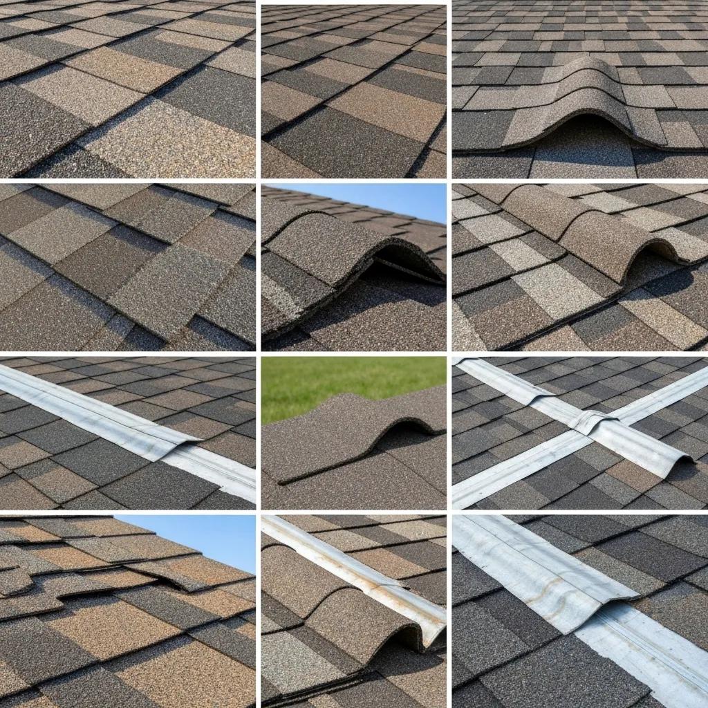 Close-up views of roof damage signs including granule loss and curling shingles