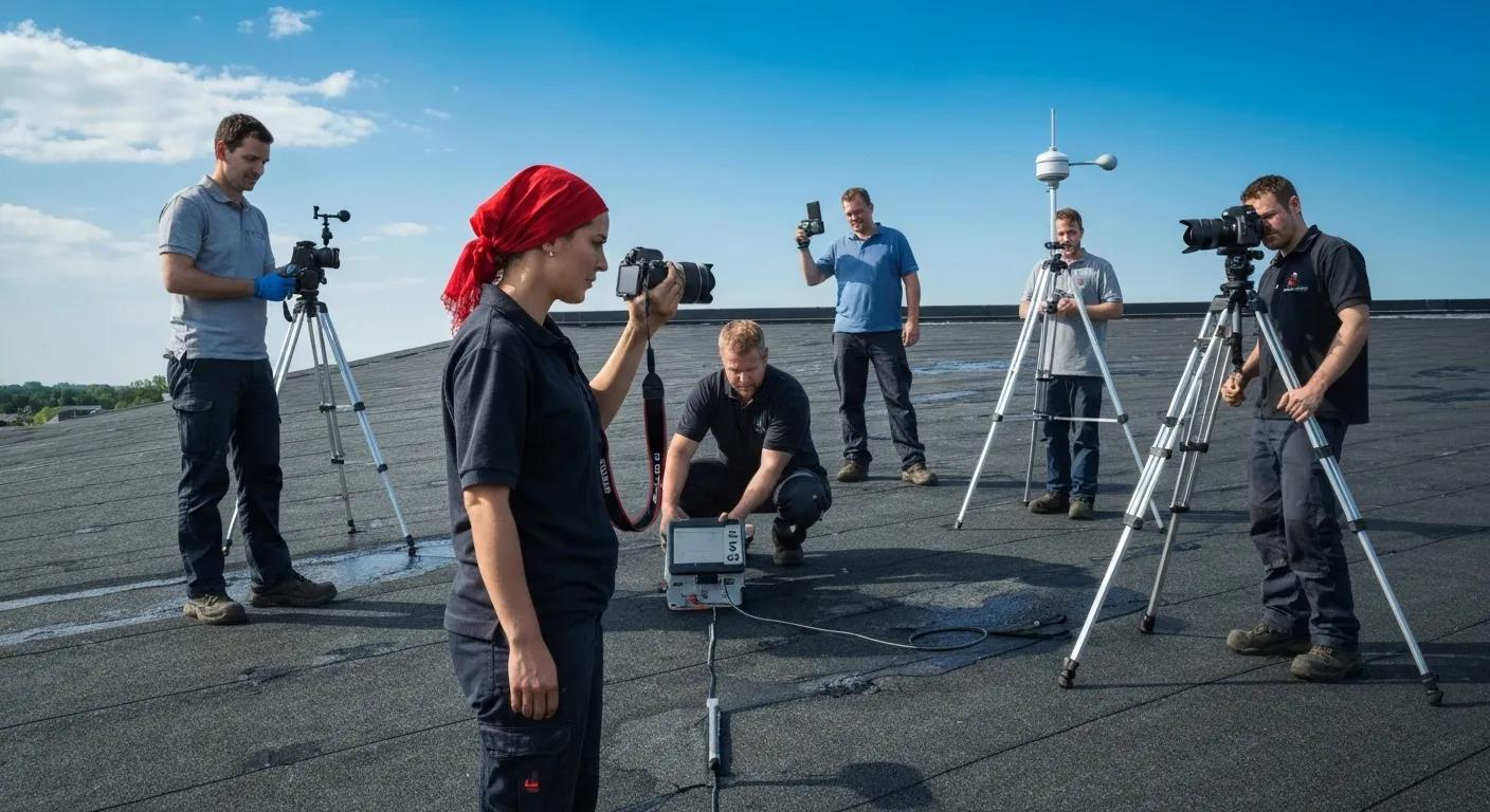Technicians performing various roof performance testing methodologies