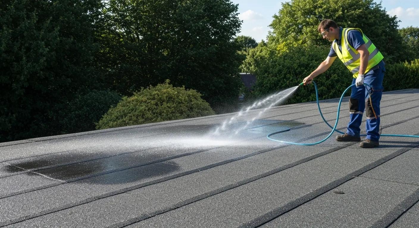 Technician conducting a water spray test on a roof to detect leaks, showcasing proactive maintenance