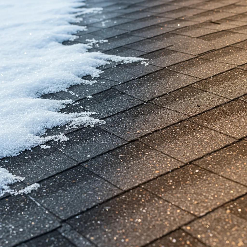 Close-up of asphalt shingles showing wear from Michigan's climate conditions
