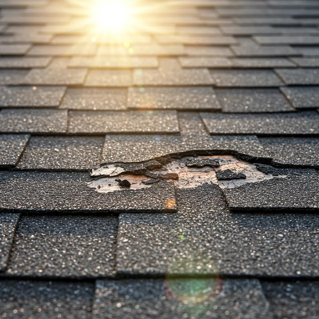 Close-up of damaged asphalt shingles showing granule loss and cracking due to UV exposure