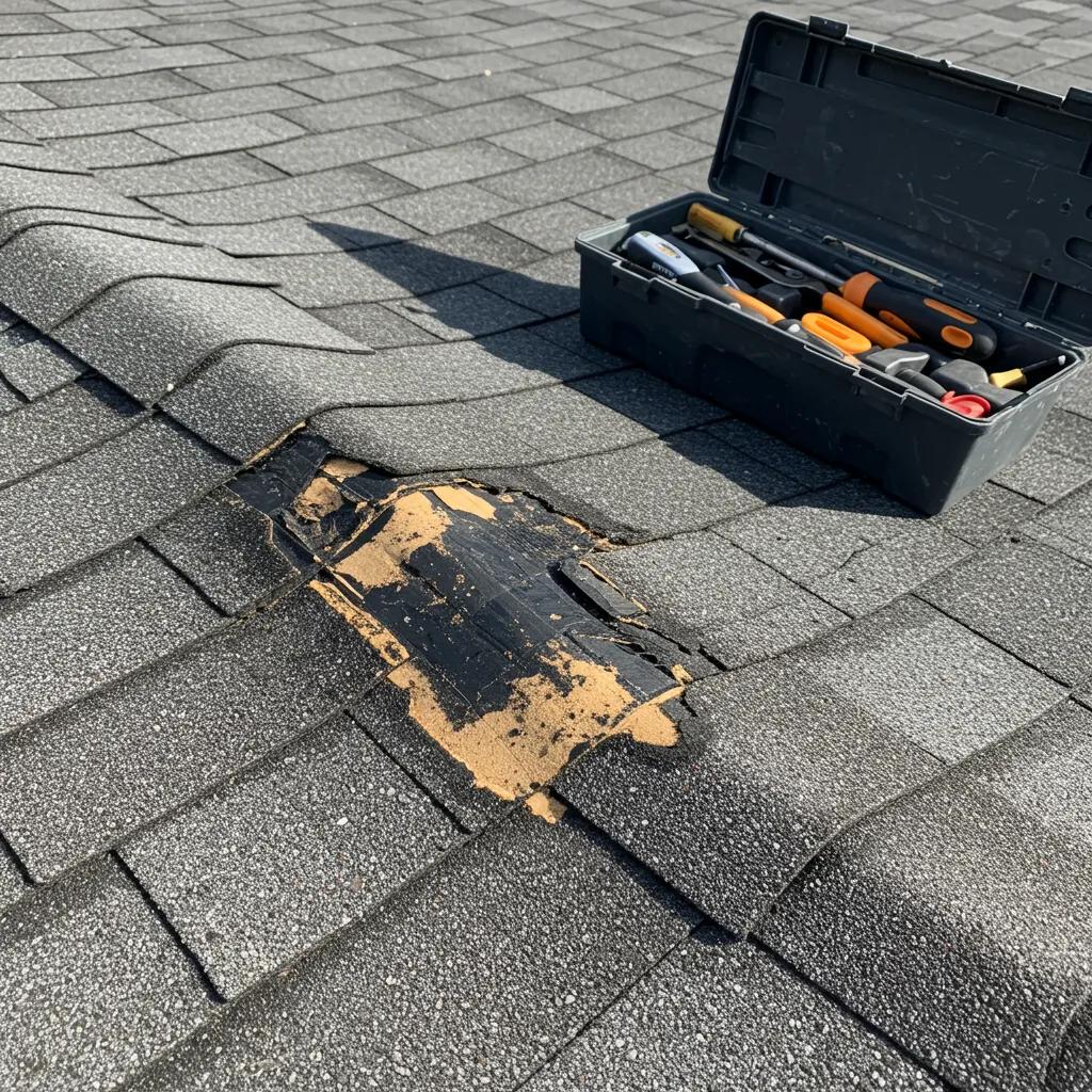 Close-up of damaged roof shingles and repair tools illustrating proactive maintenance