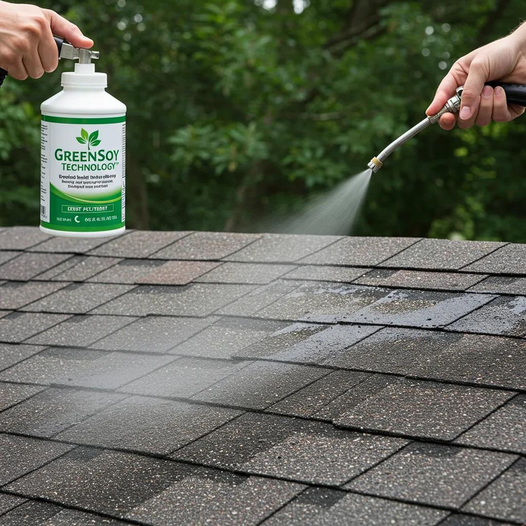 Close-up of GreenSoy Technology application on asphalt shingles, showcasing restoration process and eco-friendly elements