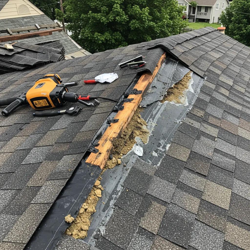 Close-up of roof damage showing minor leaks and structural issues needing repair