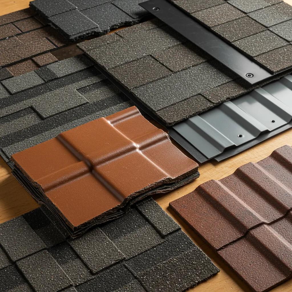 Comparison of common roofing materials including asphalt shingles, metal panels, and tiles