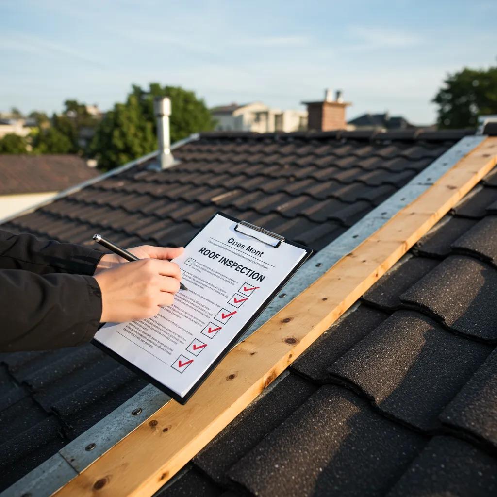 Person inspecting a roof with a maintenance checklist in hand