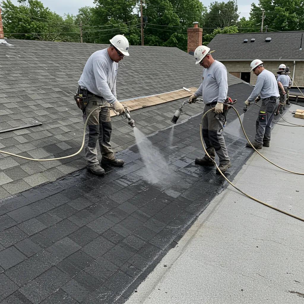 Professional team applying roof coating to asphalt shingles with safety gear