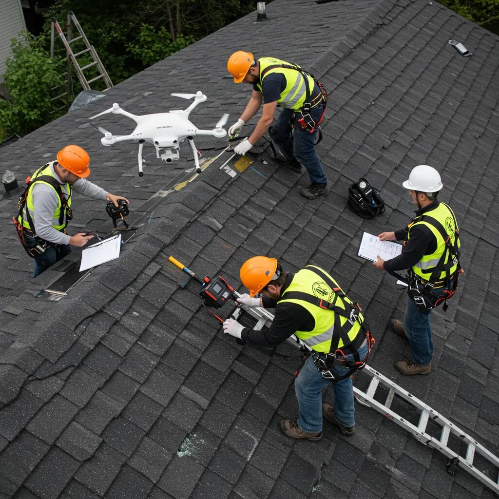 Roofing team conducting a thorough inspection of a roof during the repair process